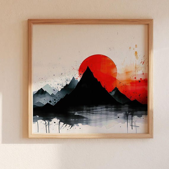 Abstract Mountain Wall Art Bold Red Sun Over Black Peaks Modern Minimalist Square Landscape Print For Living Room Bedroom Office Home Decor