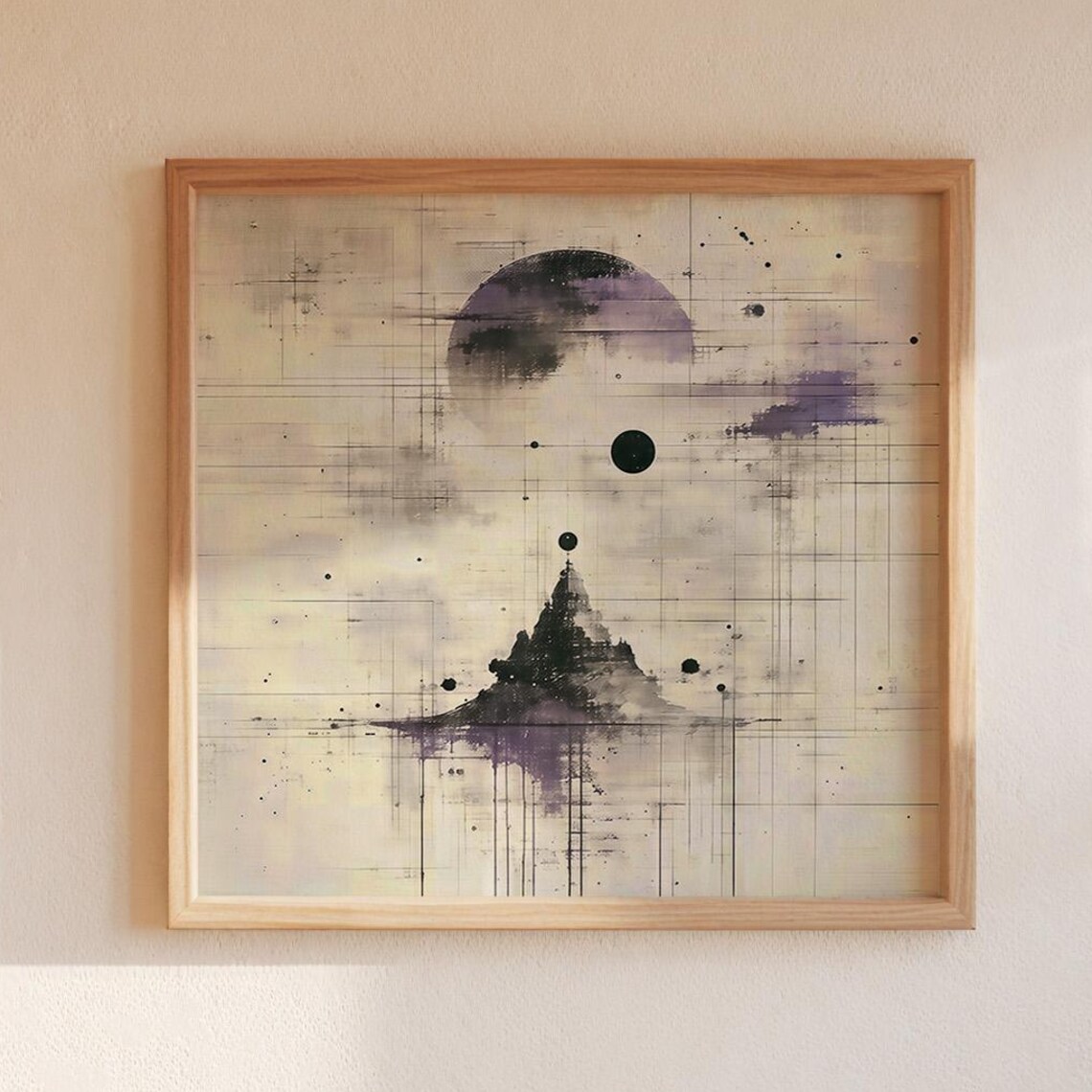 Abstract Ink Wash Mountain Moon Minimalist Misty Grey Wall Art