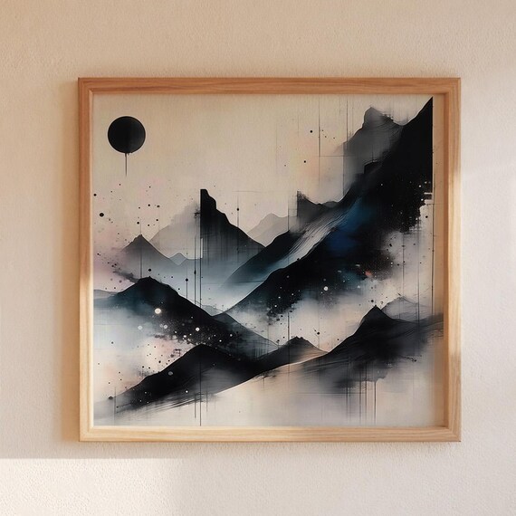 Black Ink Mountain Moon Abstract Minimalist Misty Ink Wash Wall Art