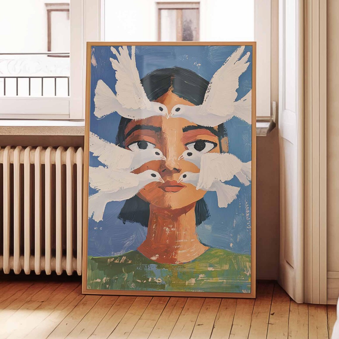 Surreal Woman Face with White Doves on Blue Dreamy Art Print