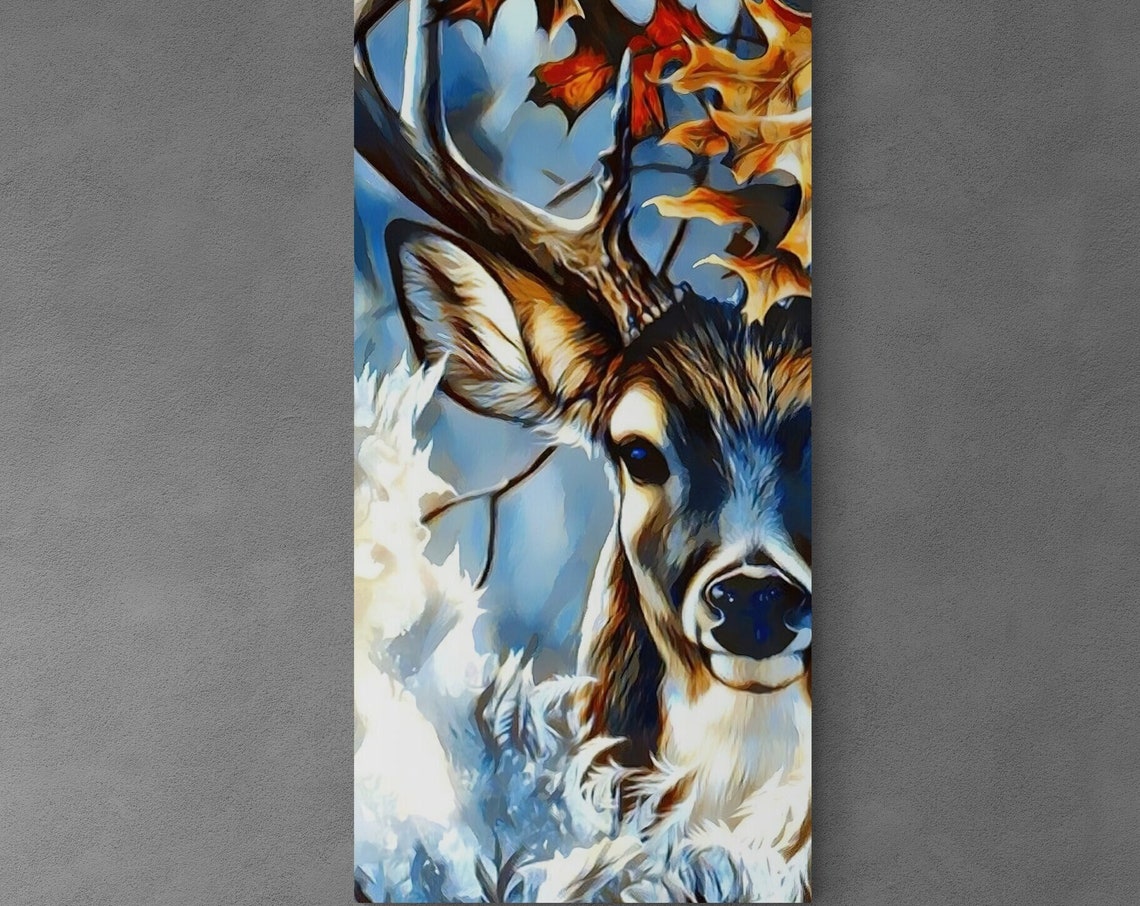 Red Deer Stag Portrait In Snow With Autumn Leaves Winter Wildlife Art - Image 3
