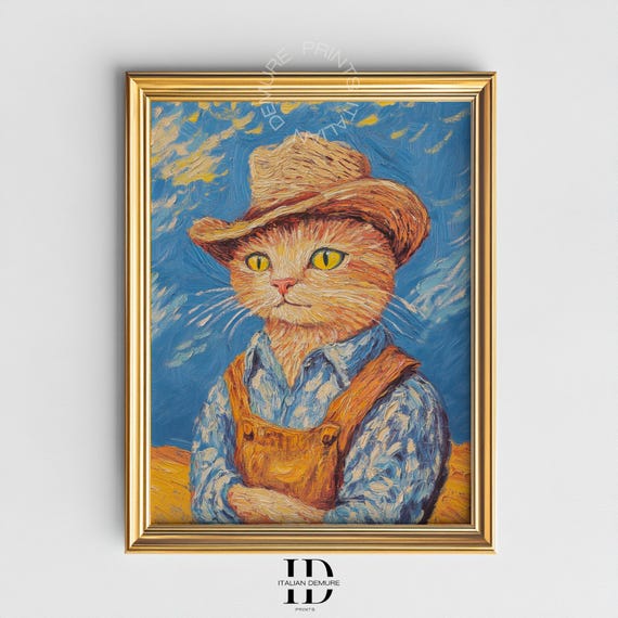 Whimsical Cowboy Cat Portrait Rustic Farmhand Oil Painting Style Print