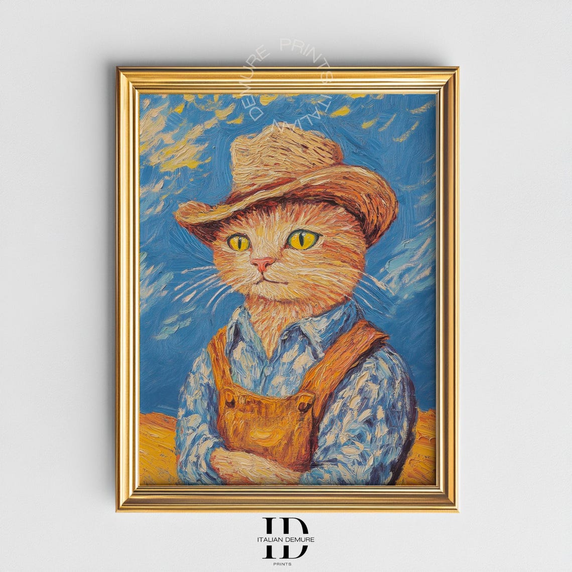 Whimsical Cowboy Cat Portrait Rustic Farmhand Oil Painting Style Print