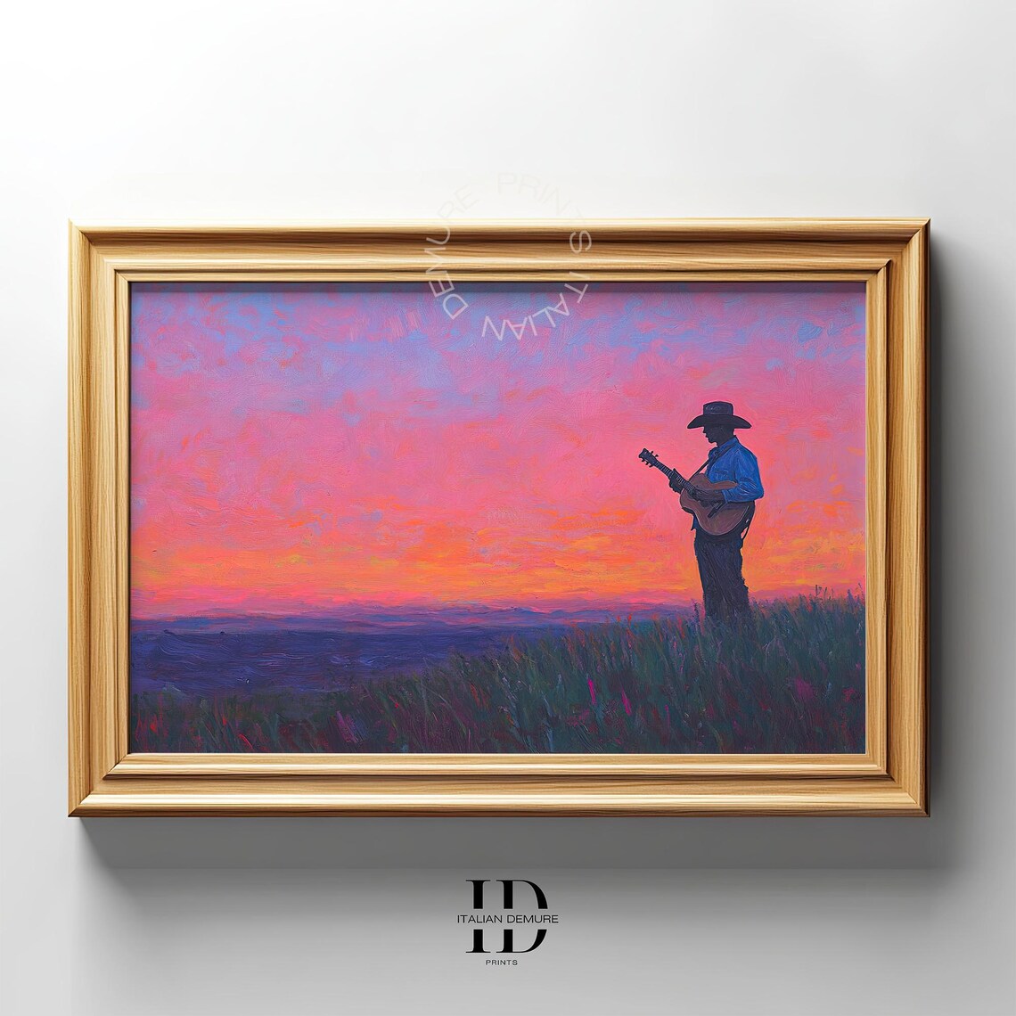 Cowboy Guitar Sunset Silhouette Pink Sky Western Prairie Art Poster