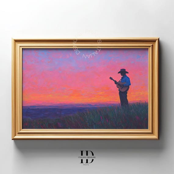 Cowboy Sunset Wall Art Print Country Music Landscape With Guitar Silhouette Western Rustic Decor Home Artwork