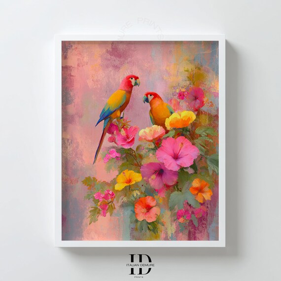 Colorful Parrot Wall Art Tropical Bird Print Vibrant Floral Poster Botanical Painting Modern Natureinspired Decor