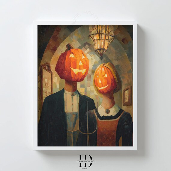 Pumpkin Couple Print Gothic Inspired Jack O Lantern Portrait Vintage Halloween Wall Art Farmhouse Decor