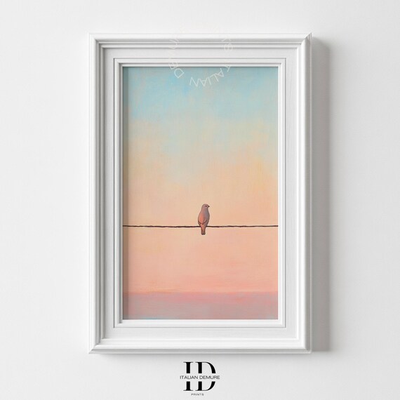Minimalist Bird On A Wire Print Pastel Wall Art Serene Pink Blue Sky Painting Solitude For Home Dcor