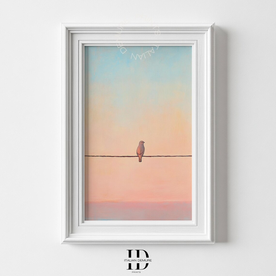 Minimalist Bird On A Wire Print Pastel Wall Art Serene Pink Blue Sky Painting Solitude For Home Dcor