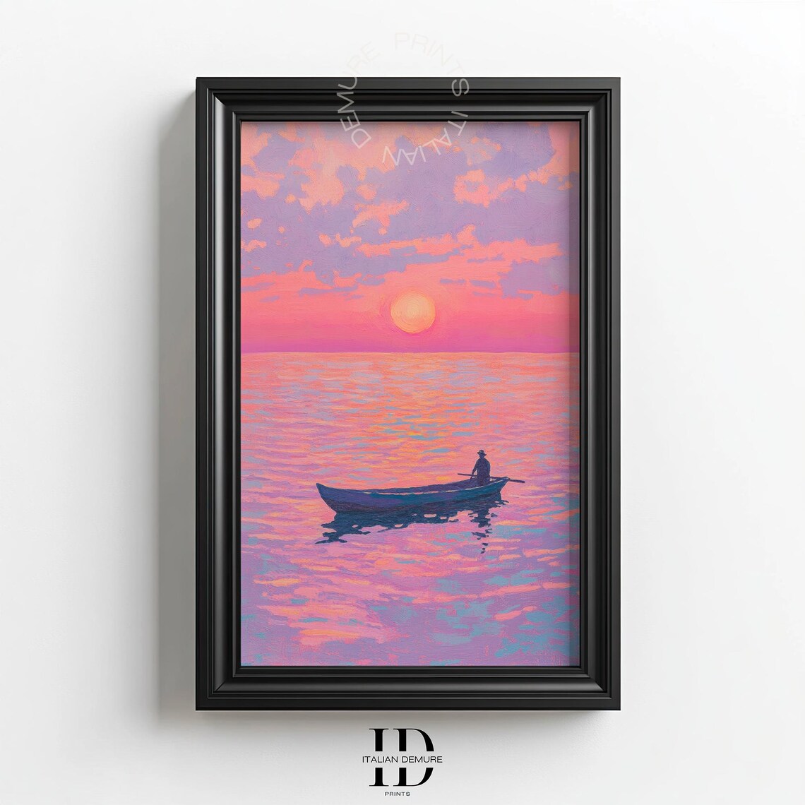 Tranquil Sunset Fisherman Boat Pink Ocean Serene Seascape Art Print