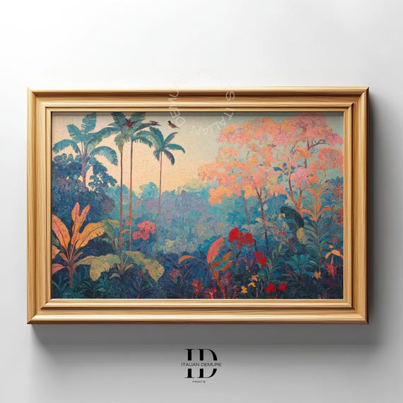 Tropical Jungle Wall Art Exotic Landscape Print Lush Rainforest Painting Vintage Botanical Decor Dreamy Nature Artwork