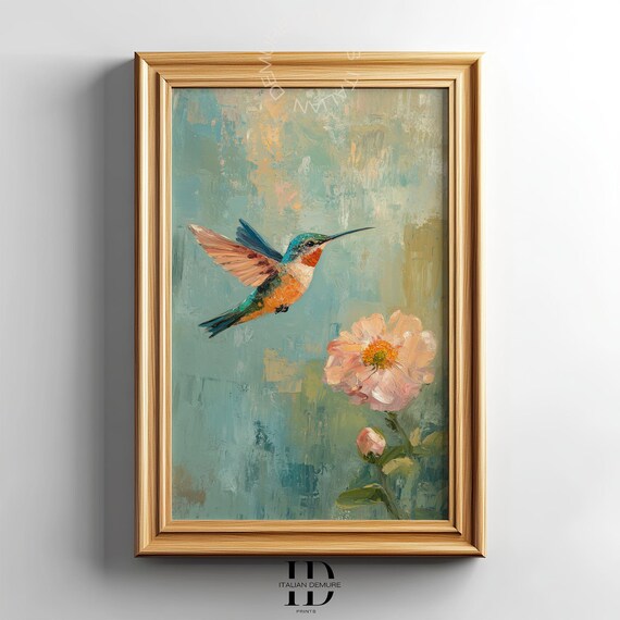 Hummingbird Wall Art Vintage Floral Print Impressionist Bird Painting Natureinspired Decor Romantic Botanical Artwork
