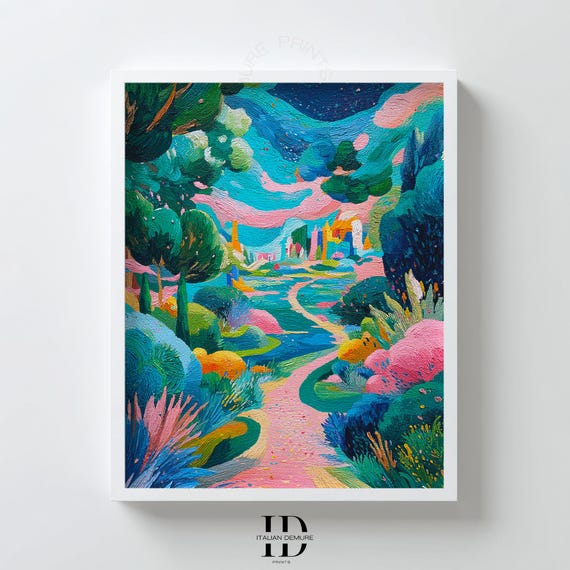 Whimsical Garden Path Wall Art Colorful Abstract Landscape Print Teal Pink Fantasy Decor Nursery And Bedroom Poster