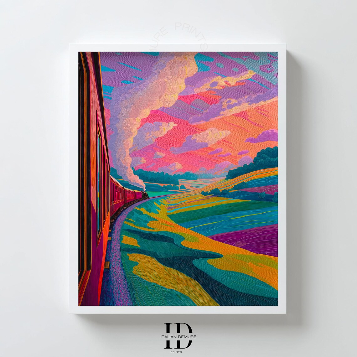 Colorful Steam Train Ride Through Vibrant Sunset Countryside Art Print