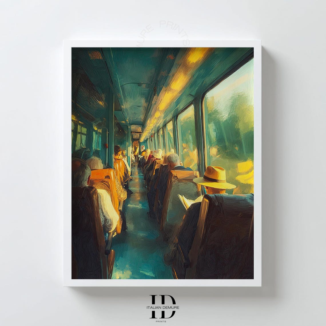 Cinematic Vintage Train Interior Warm Light Passenger Travel Poster