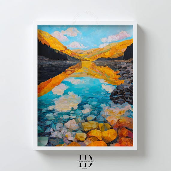 Golden Mountain Lake Wall Art Abstract Landscape Print Turquoise Water Reflection Modern Mosaic Style Bedroom Poster