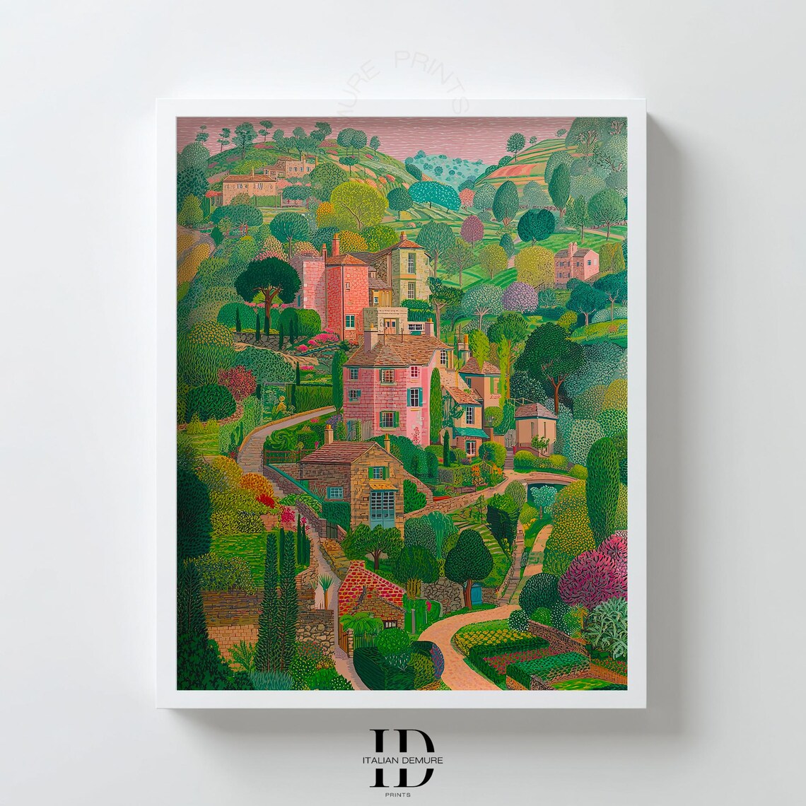 Whimsical Colorful Countryside Village Lush Garden Folk Poster Art