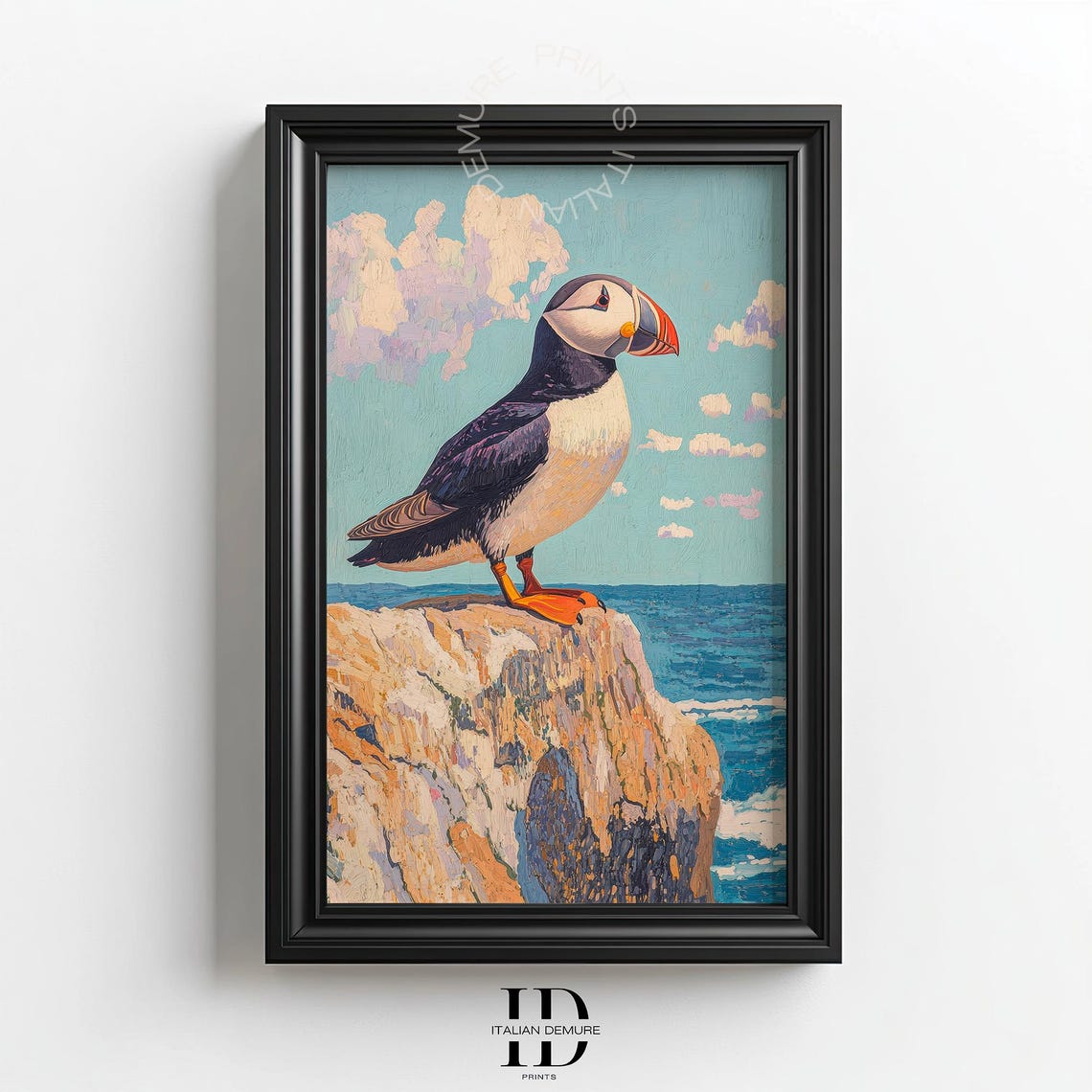 Atlantic Puffin On Coastal Cliff Vintage Seabird Painting Poster