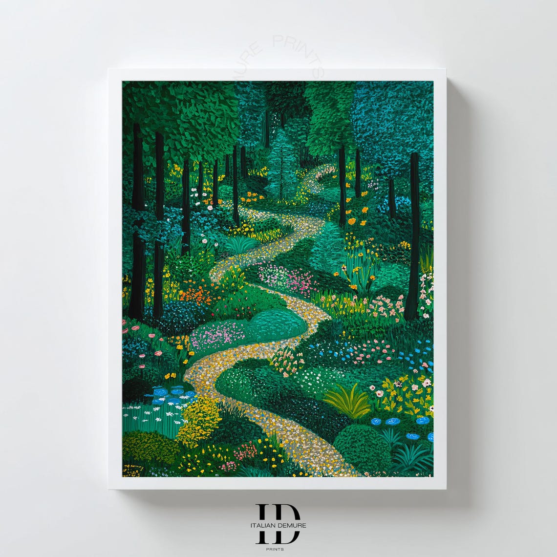 Winding Path Through Lush Green Flower Forest Impressionist Art Poster