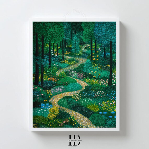 Winding Path Through Lush Green Flower Forest Impressionist Art Poster