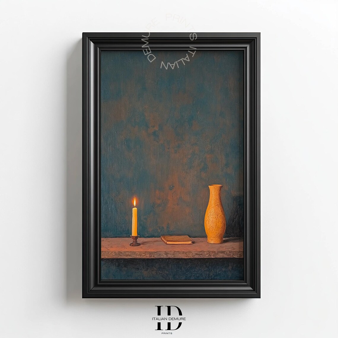 Moody Still Life with Candle Vase and Book on a Wooden Shelf Poster