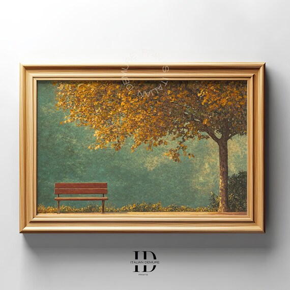 Golden Autumn Tree And Empty Bench Print Tranquil Fall Landscape Wall Art For Cozy Entryway Office Or Meditation Corner