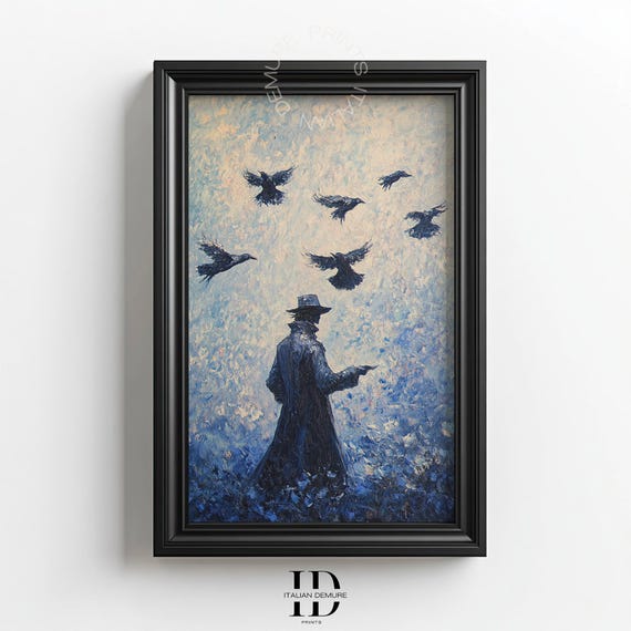 Mysterious Noir Cowboy Art Dark Western Painting Lone Gunslinger Crows Dramatic Impressionist Wall Print