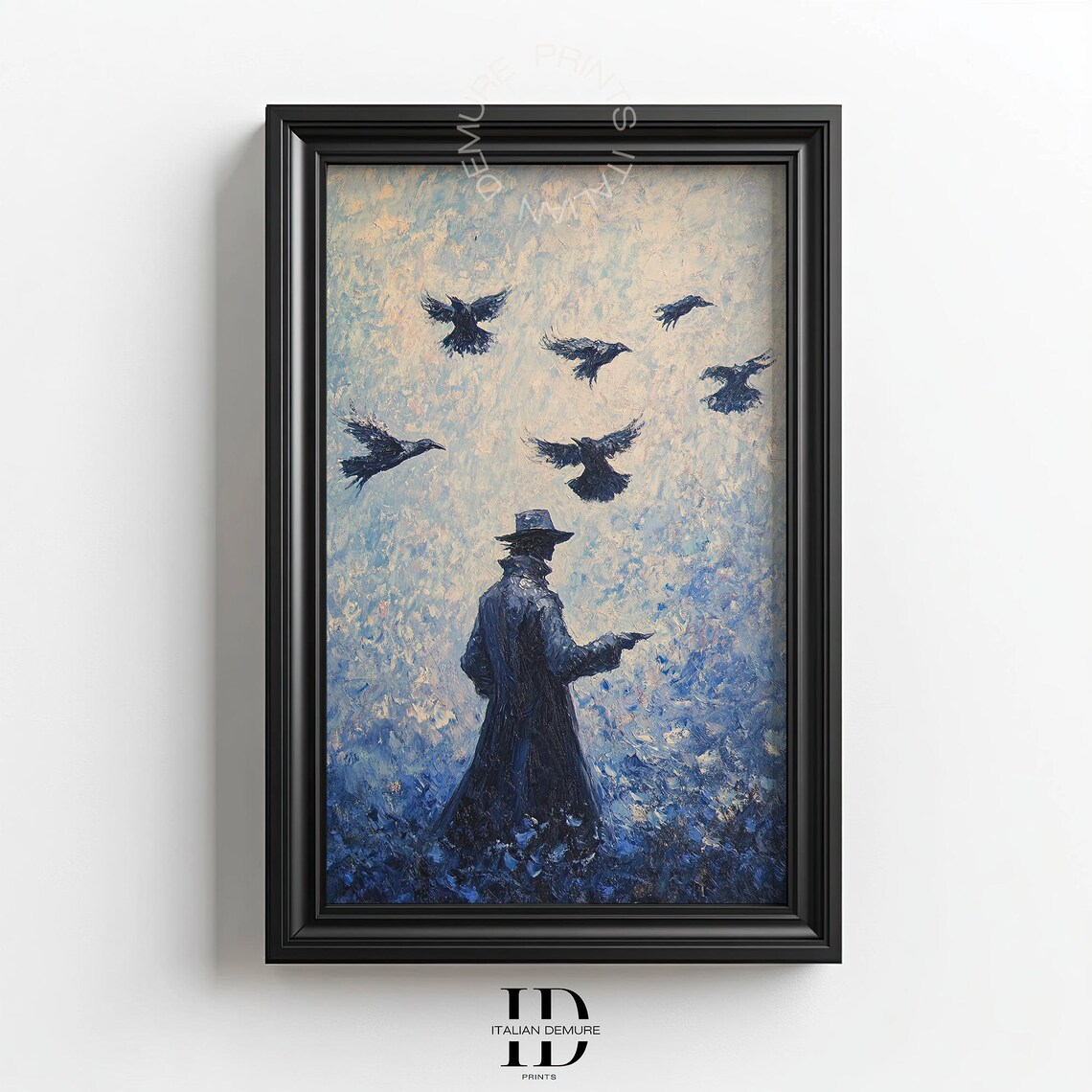 Man Walking Among Crows in Blue Field Impressionist Moody Dark Sky Painting Poster