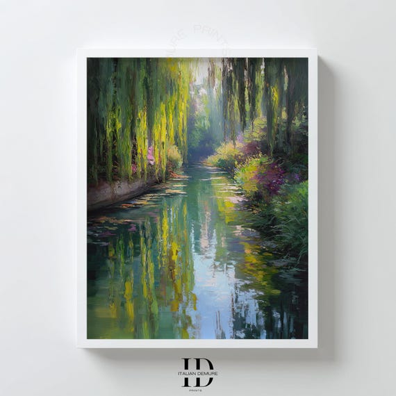 Willow Tree Canal Wall Art Impressionist River Landscape Print Lush Garden Path Green Nature Poster For Home