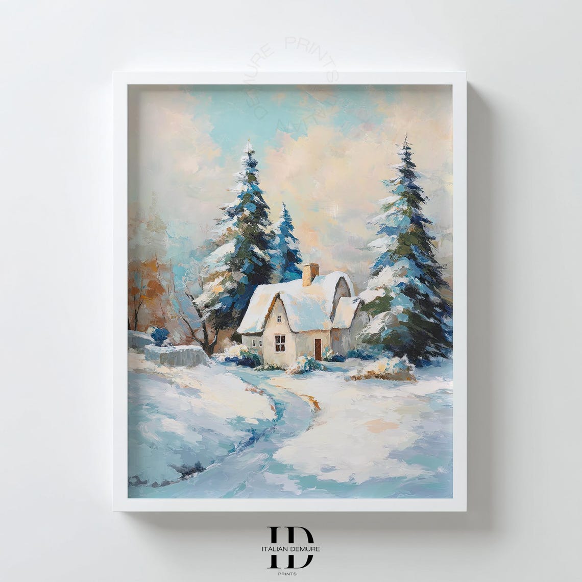 Snow Covered Cottage Among Tall Pines Winter Oil Painting Poster