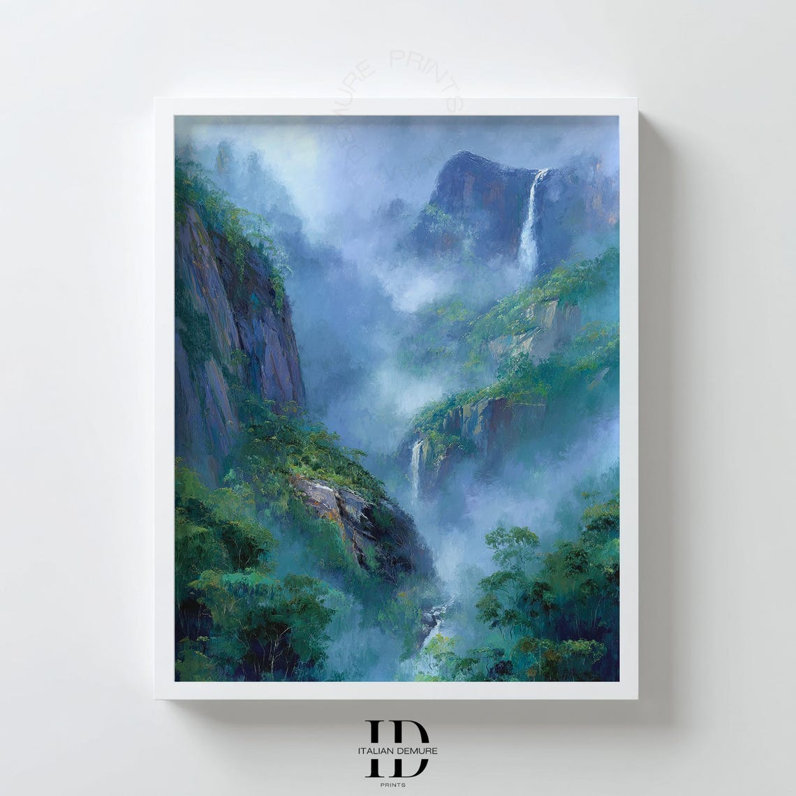Misty Mountain Waterfall Blue Green Rainforest Landscape Poster