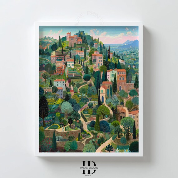 Mediterranean Village Wall Art Italian Countryside Landscape Print Whimsical Tuscan Decor Colorful Hill Town Illustration Poster
