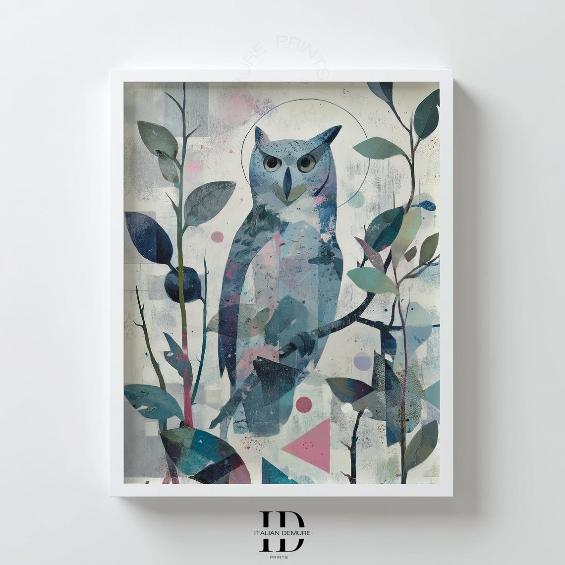 Blue Abstract Owl Among Botanical Branches Geometric Bird Art Poster
