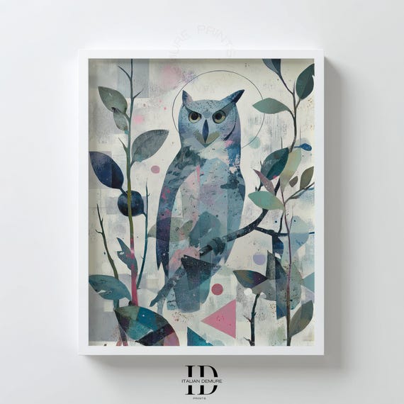 Blue Owl Wall Art Abstract Botanical Bird Print Geometric Watercolor Modern Nordic Decor Minimalist Poster