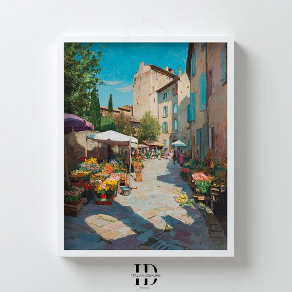 European Flower Market Street Colorful Village Impressionist Art Print