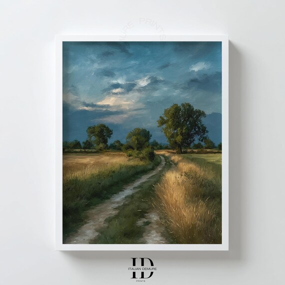 Country Path Wall Art Print Rustic Landscape Painting Golden Field Nature Scene Moody Cloudy Sky Poster Farmhouse Decor