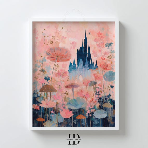 Whimsical Castle Wall Art Pink Floral Fantasy Print Fairytale Garden Illustration Enchanted Nursery Poster Decor