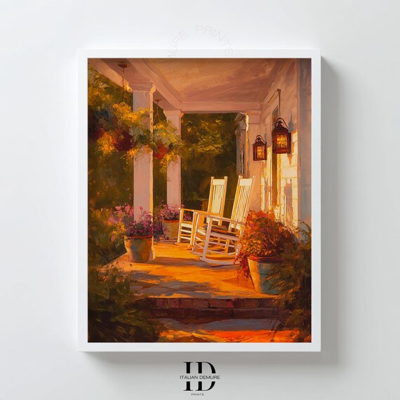 Southern Porch Wall Art Rustic Rocking Chair Print Warm Sunset Painting Country Home Decor Poster Farmhouse Scene
