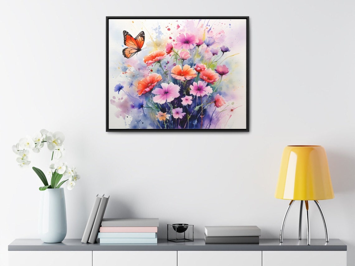 Monarch Coming To Bouquet Framed Art Print Butterfly Art Print Watercolor Wall Art Framed Painting Butterfly Painting Art Print