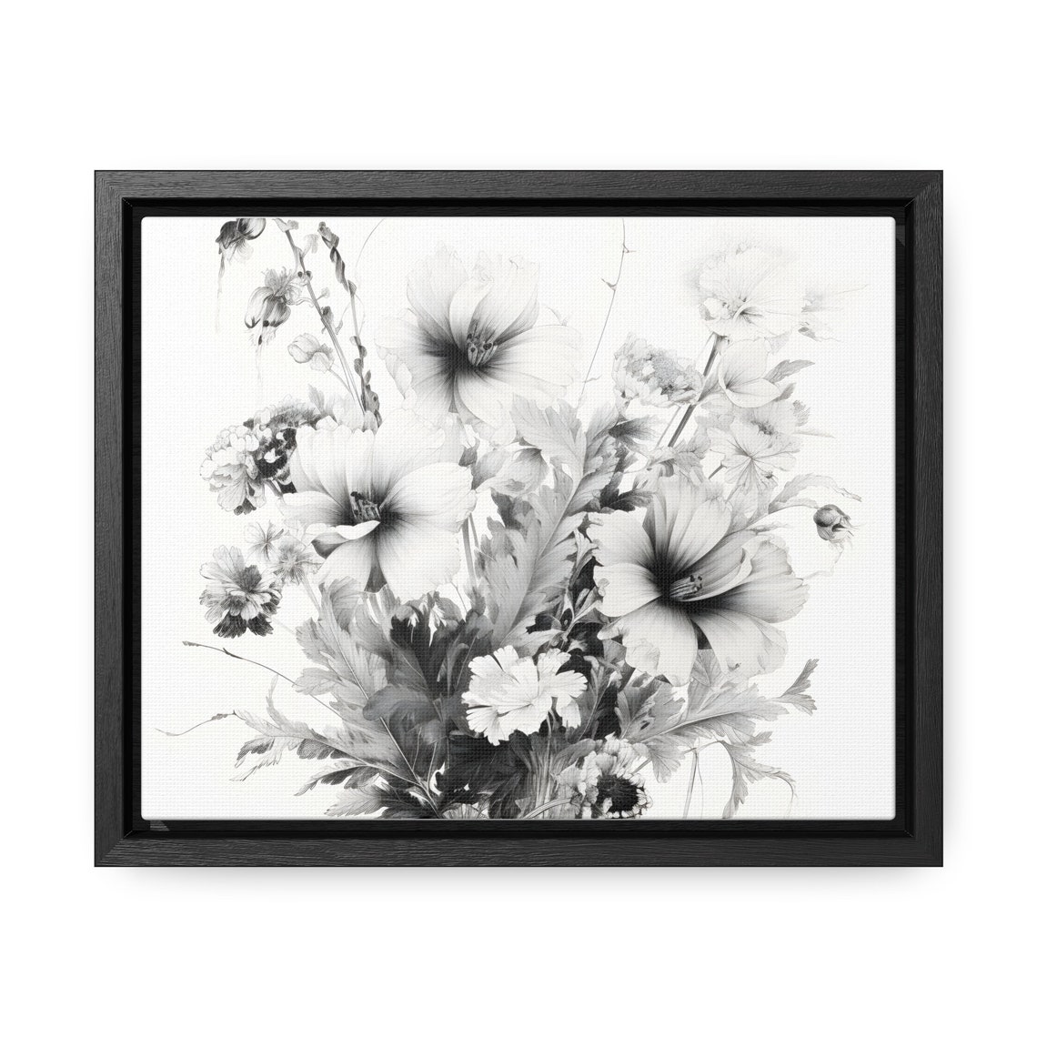 Black White Ink Wildflower Bouquet Monochrome Floral Art Poster