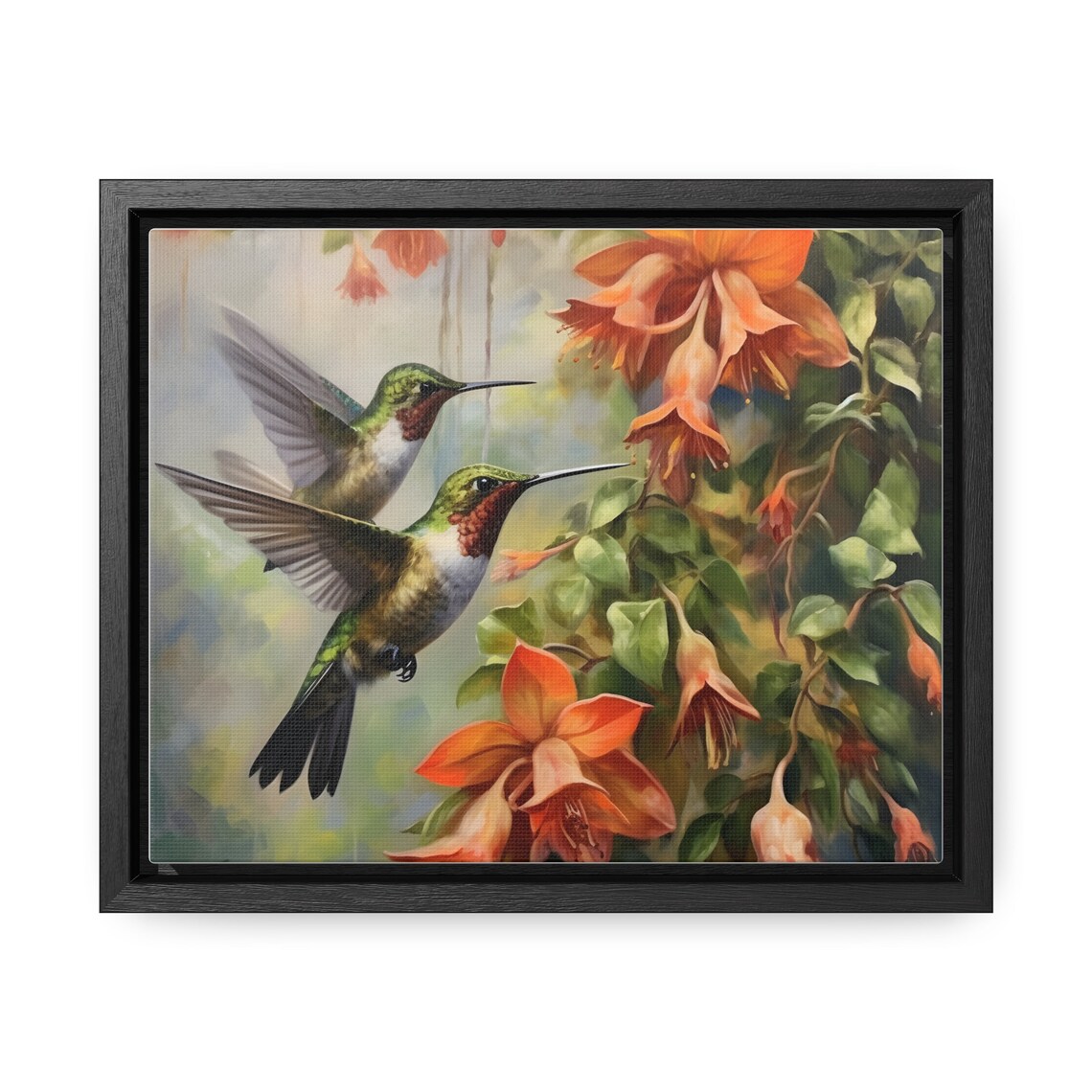 Hummingbirds Feeding Orange Trumpet Flowers Nature Art Poster