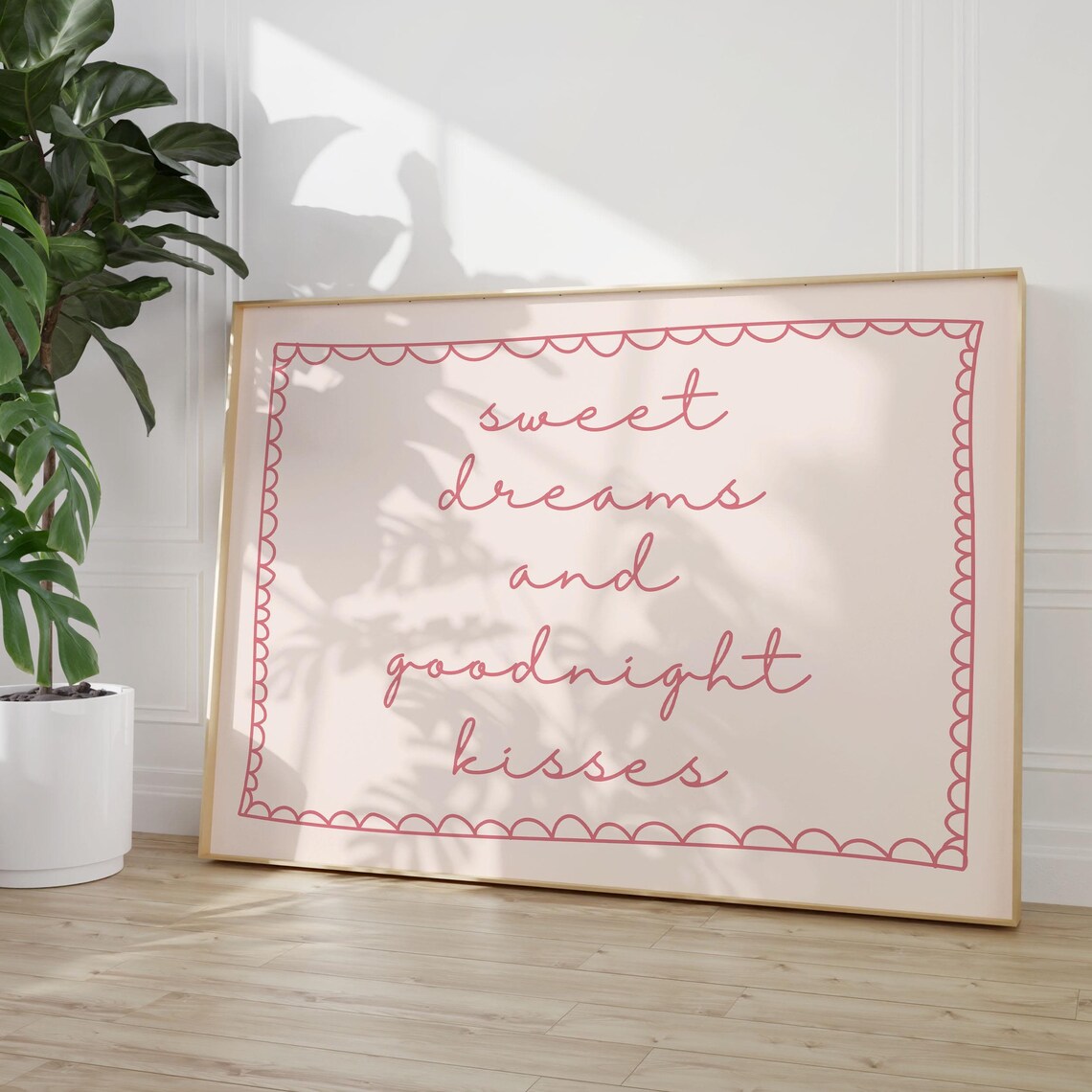 Sweet Dreams and Goodnight Kisses Pink Script Bedroom Quote Poster