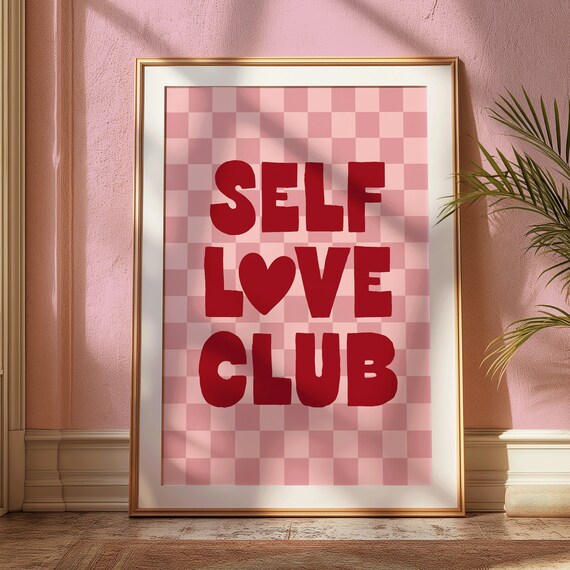 Self Love Club Pink Checkerboard Retro Heart Typography Poster