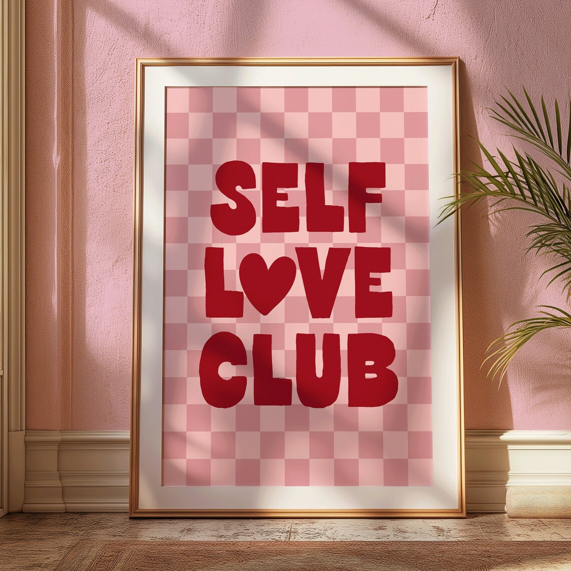 Self Love Club Art Print Pink And Red Preppy Apartment Art Poster Daily Reminders Bedroom Checkered Art Dorm Decor Mental Health Decor