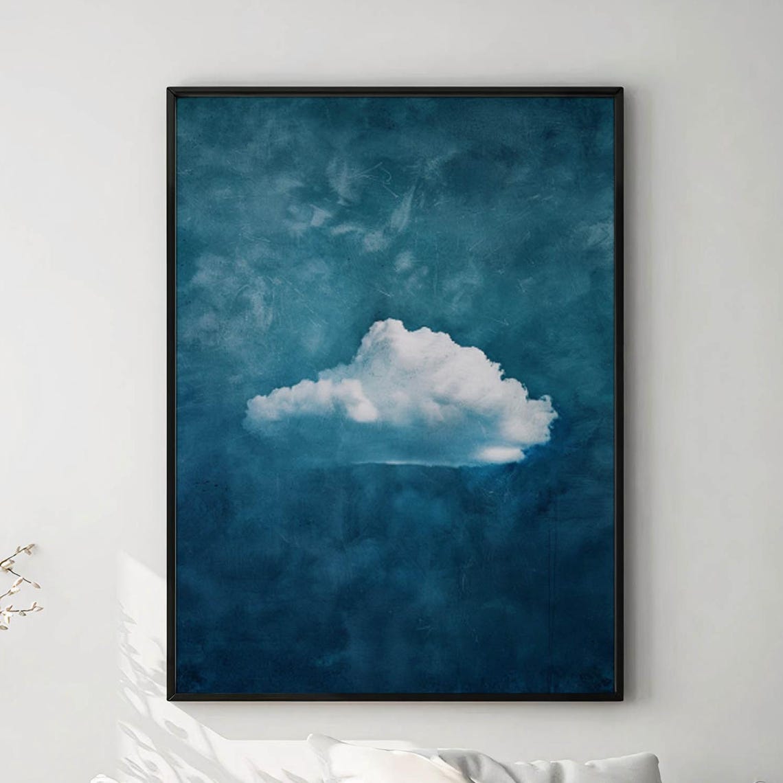 Lone White Cloud on Deep Teal Blue Sky Minimalist Art Poster