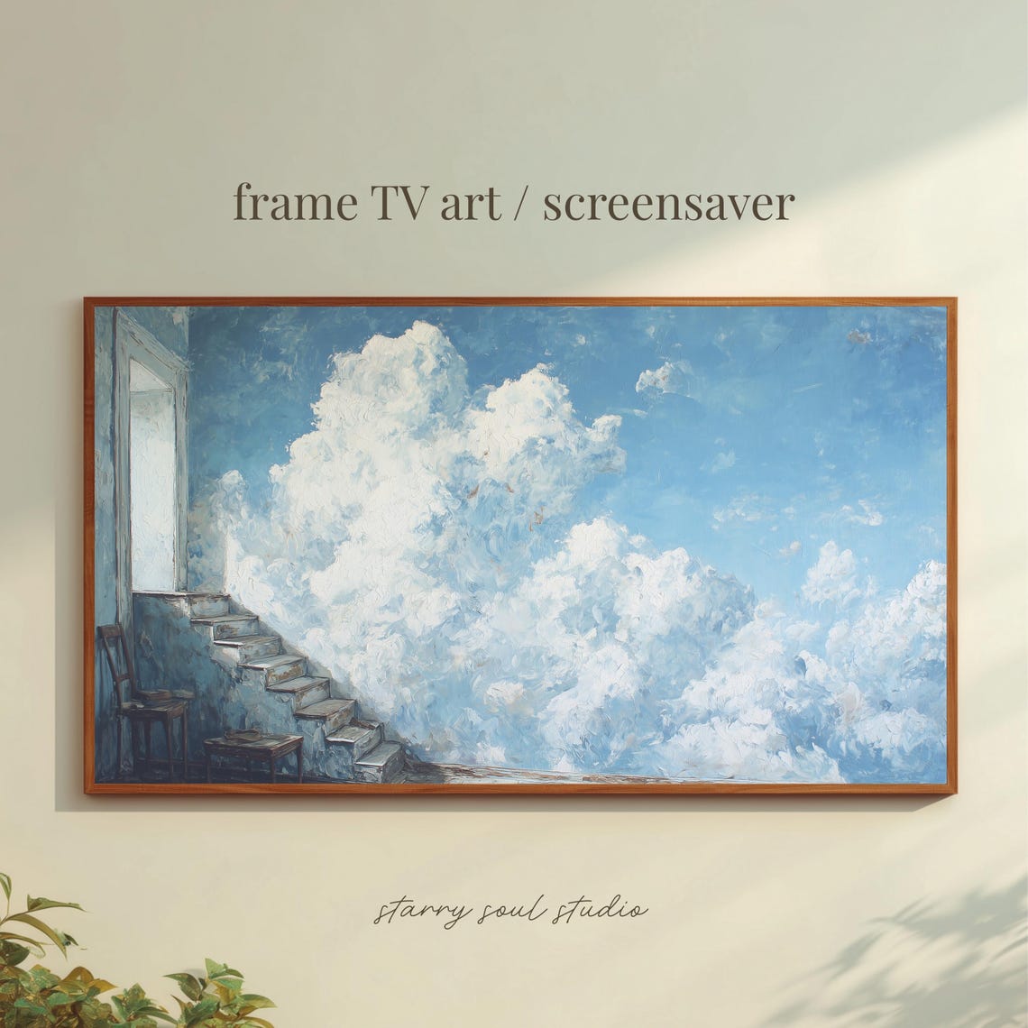 Surreal Staircase Dissolving Into Clouds Blue Sky Fantasy Art Poster