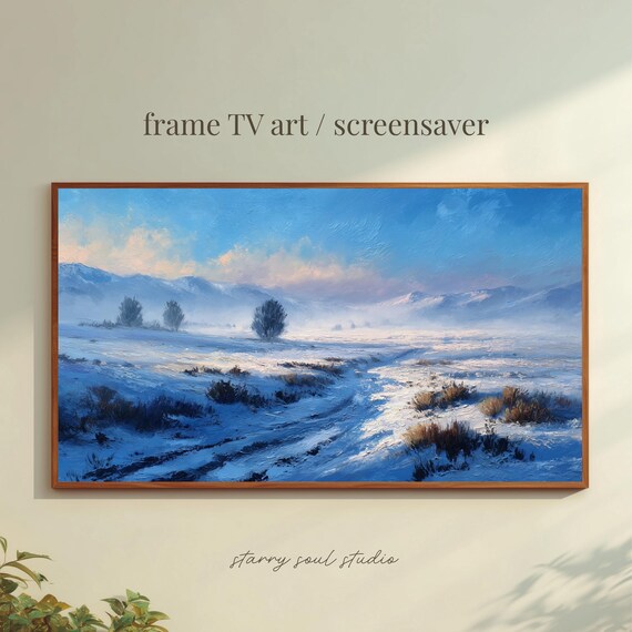 Blue Winter Morning Snowy Plain Winding Stream Oil Painting TV Poster
