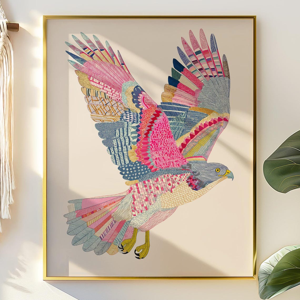 Soaring Hawk Patterned Feathers Pink Blue Bird of Prey Art Poster