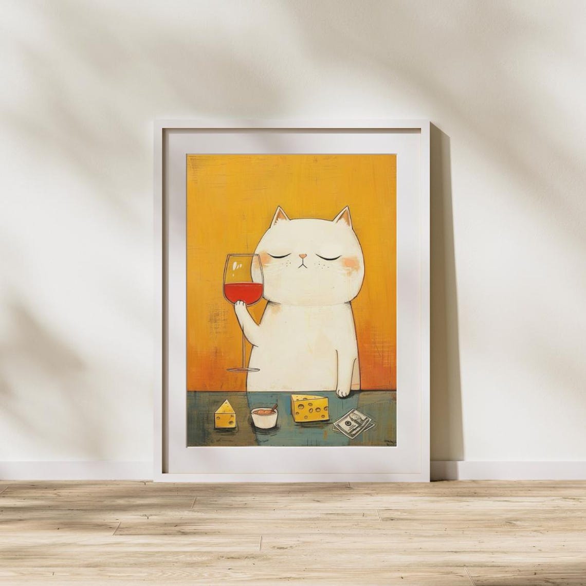Cat With Wine Glass Cheese and Poker Chips Funny Kitchen Art Poster