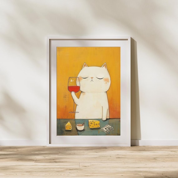Cat With Wine Glass Cheese and Poker Chips Funny Kitchen Art Poster